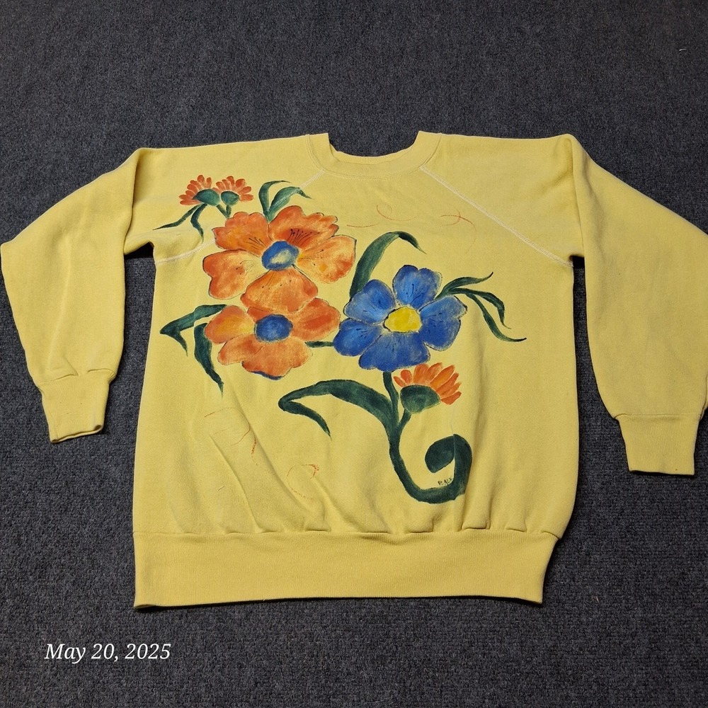 VTG Ultra Sweats Pannill Flower Painted‎ Sweatshirt Yellow Adult Size Large